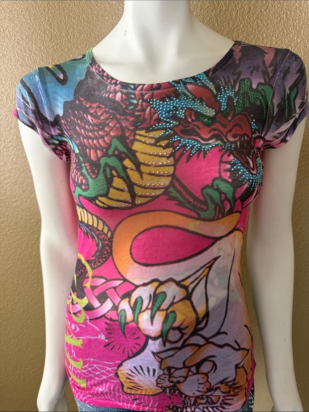 Women’s Pink Dragon Graphic Cap-Sleeve Tee